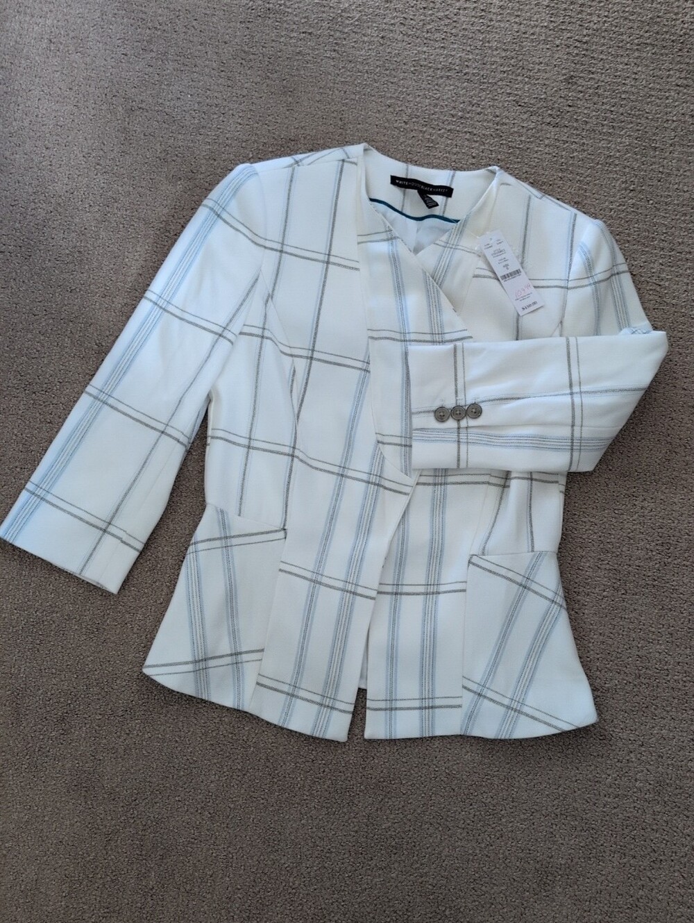 White House Black Market Dropped Front Windowpane Plaid White/ Grey Jacket - Picture 2 of 10
